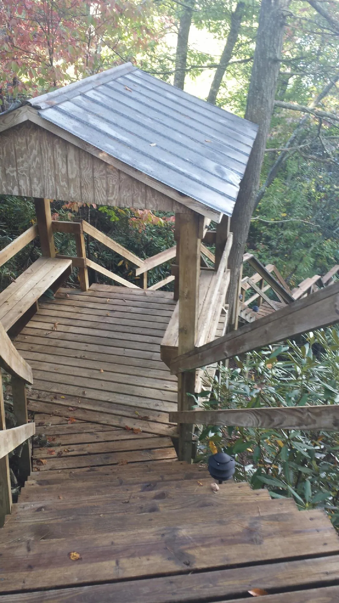 Metal roofed shelter over wooden steps on a wooded walkway — Skylight Repair & Installation work by our crew in Flinton